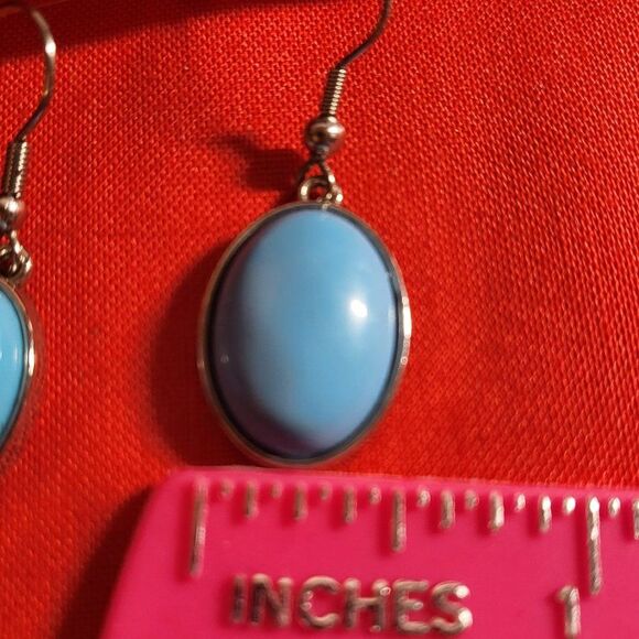 Faux "Sleeping Beauty" Turquoise Acrylic Cabochon Dangle Earrings - Picture 6 of 7
